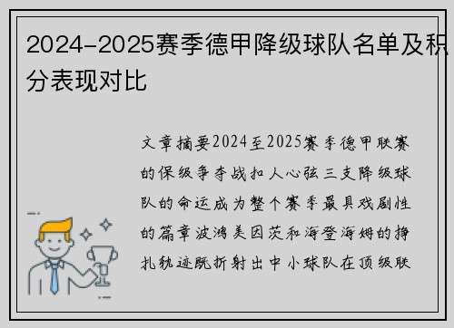 2024-2025赛季德甲降级球队名单及积分表现对比
