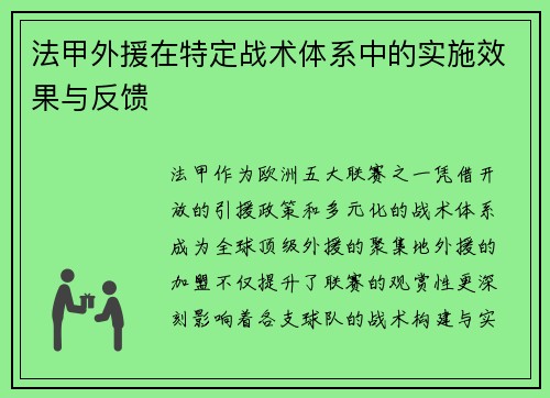 法甲外援在特定战术体系中的实施效果与反馈