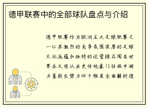 德甲联赛中的全部球队盘点与介绍
